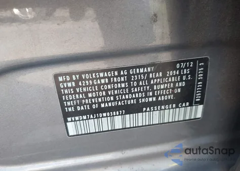 2013 Volkswagen Golf 2.0L Tdi 4-Door from USA, damaged, VIN WVWDM7AJ1DW038877